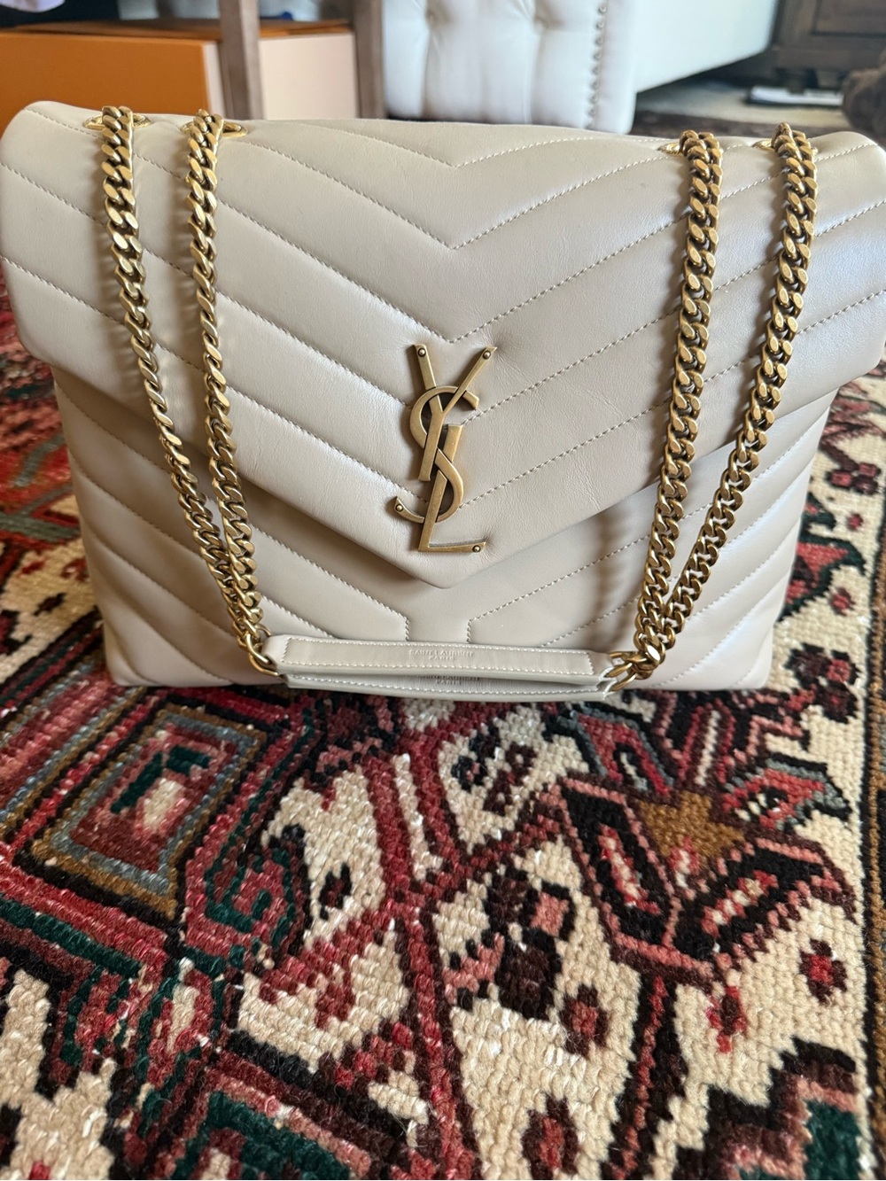 Yves Saint Laurent Cream Quilted Chevron Shoulder Bag with Gold Chain
